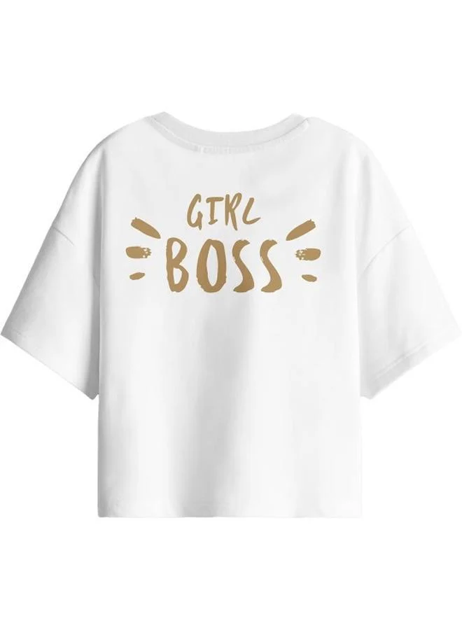 بون أورغانيك Girl's White 100% Cotton Printed Oversized T-Shirt