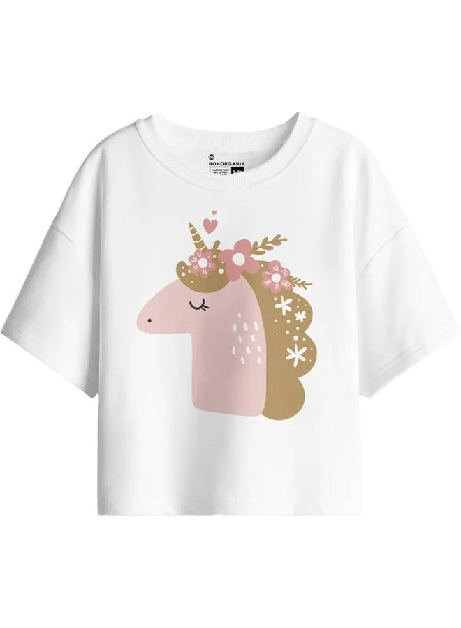 بون أورغانيك Girl's White 100% Cotton Printed Oversized T-Shirt