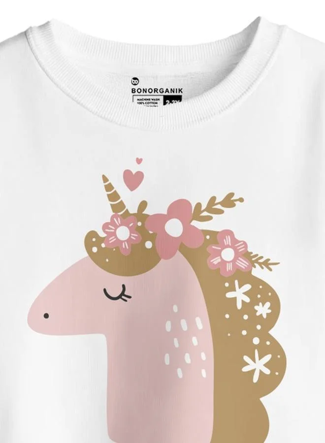 بون أورغانيك Girl's White 100% Cotton Printed Oversized T-Shirt