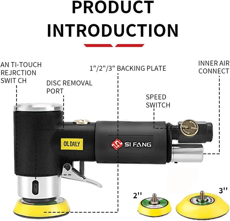 SI FANG Black 2" 3" Mini Orbital Air Sander & Polisher Kit for Auto Body Work - Image 2