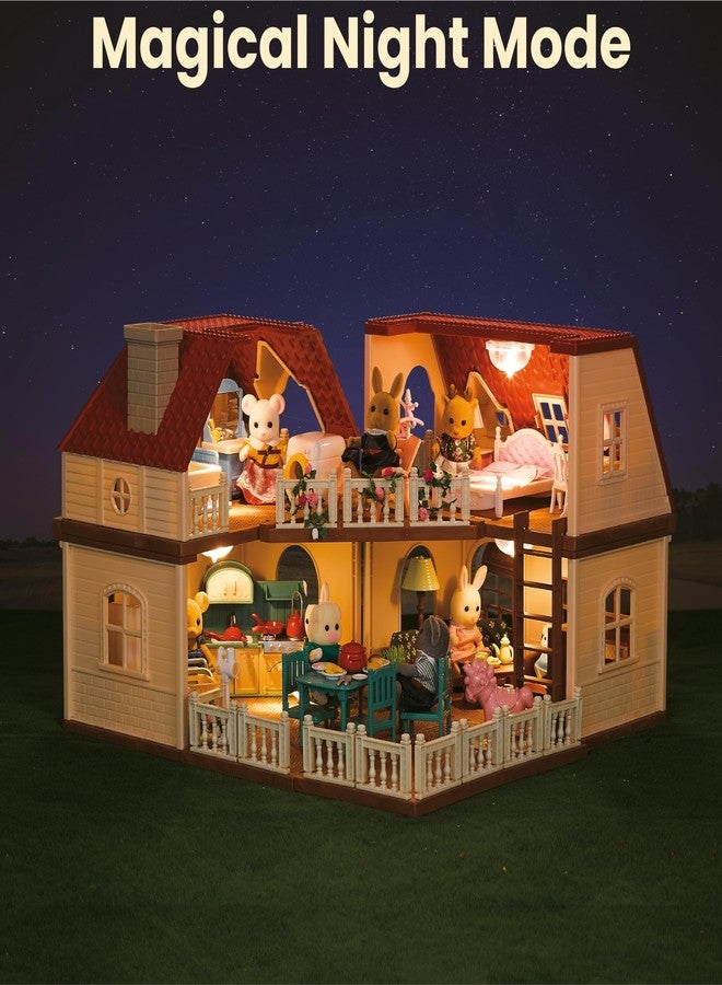 OLEOCA Family Grand Doll House - Light-Up 2-Story Cozy Cabin with Furniture & Bunny Figure, Complete Dollhouse Playset for Creative Pretend Play, Gift for Kids Ages 3+ - Image 4