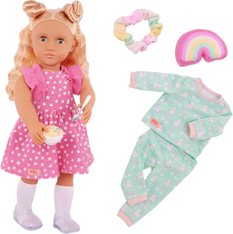 3A Our Generation 18" Doll with Pink Polka Dot Dress, Rainbow Pyjamas, Hair Scrunchie and Accessories