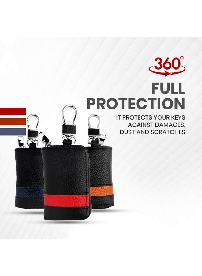 keyzone Unisex Mens Womens Premium Band Pattern Leather Car Key Holder pouch Bag Keychain Case Wallet with Zipper Closure (Blue) - Image 4