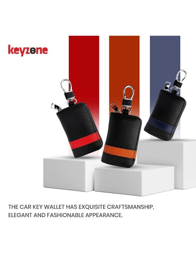 keyzone Unisex Mens Womens Premium Band Pattern Leather Car Key Holder pouch Bag Keychain Case Wallet with Zipper Closure (Blue) - Image 2
