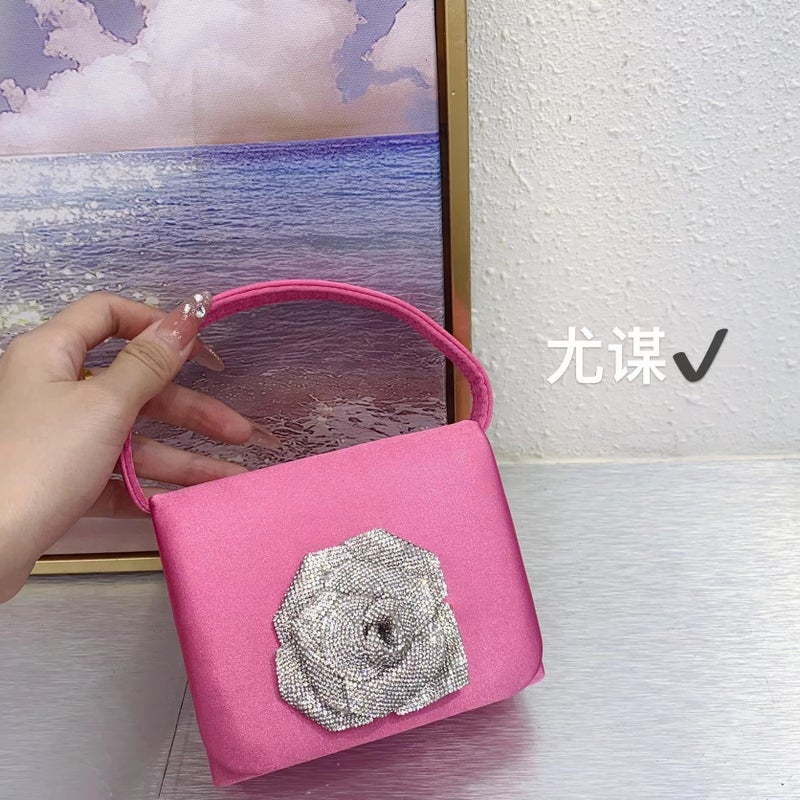 French Banquet Silk Satin Small Square Bag High-Grade Flower Mini Lipstick Change Key Hand Messenger Bag - Image 1