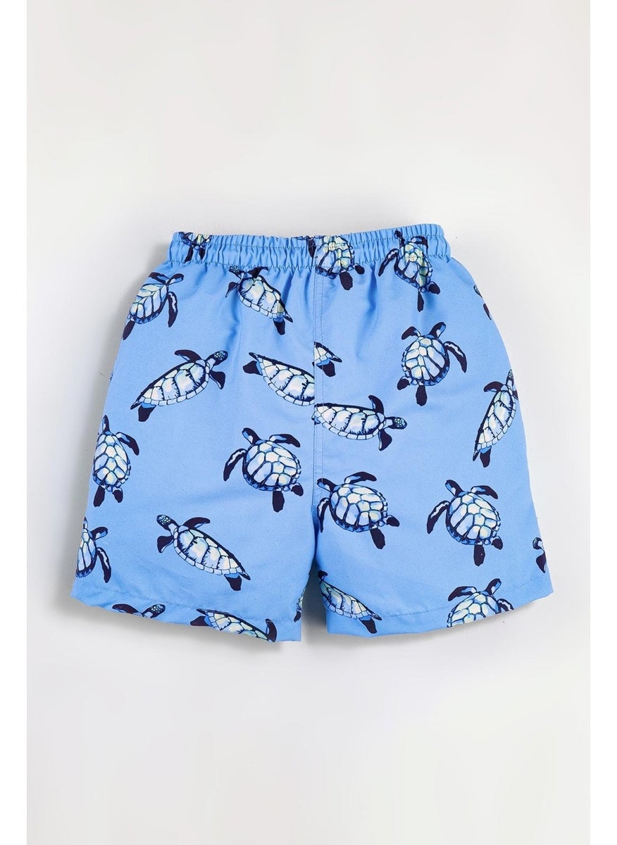 Gold Class Kidswear Turtle Patterned Corded Lined Blue Boys Swim Shorts  - Image 1