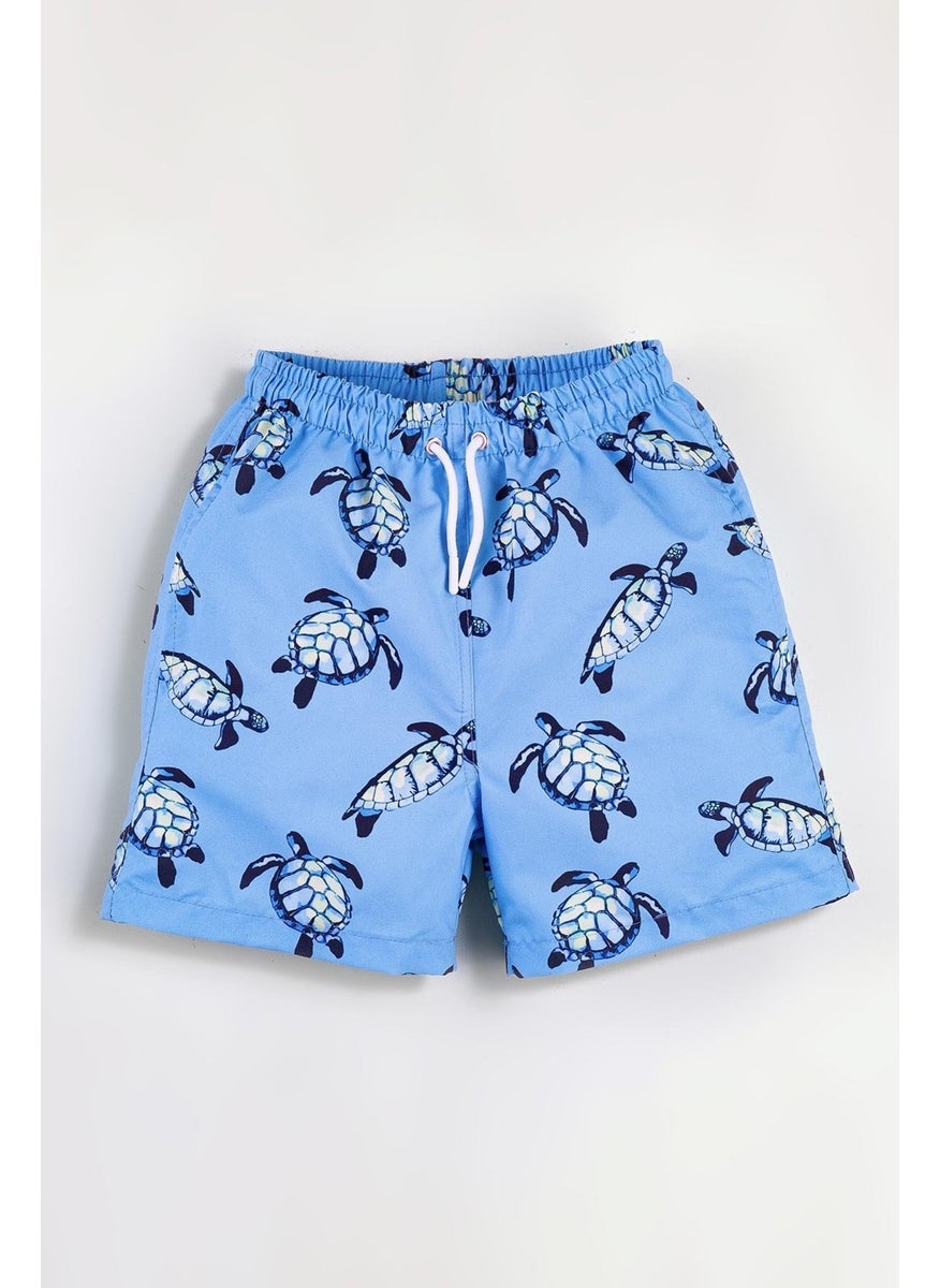 Gold Class Kidswear Turtle Patterned Corded Lined Blue Boys Swim Shorts  - Image 2