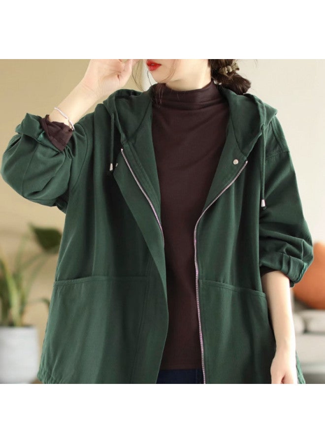 Plus Size Women's Loose Windbreaker Jacket Women's Workwear Hooded Jacket Spring And Autumn Long Sleeve Top 
