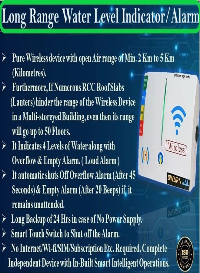 Swarn Jal (WL-A-RA50F) Wireless Water Level Indicator with Overflow & Empty Alarm, 4 Levels, Long Range up to 50 Floors/ 5 km, Brass Sensors, (Patented Technology) - Image 3