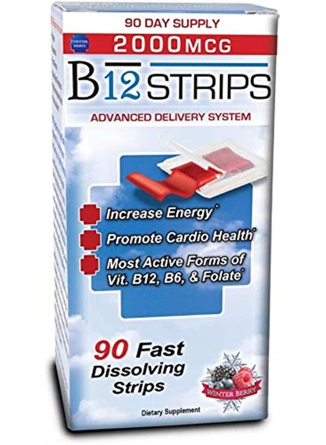 Essential Source شرائط فيتامين ب12 - مكمل طاقة مع 2000 ميكروغرام من ميثيلكوبالامين، ب6، حمض الفوليك وبيوتين - دعم صحة الأعصاب والدماغ، تخفيف التوتر، النوم - نكهة التوت الشتوي، 90 يومًا من الإمدادات - Image 1