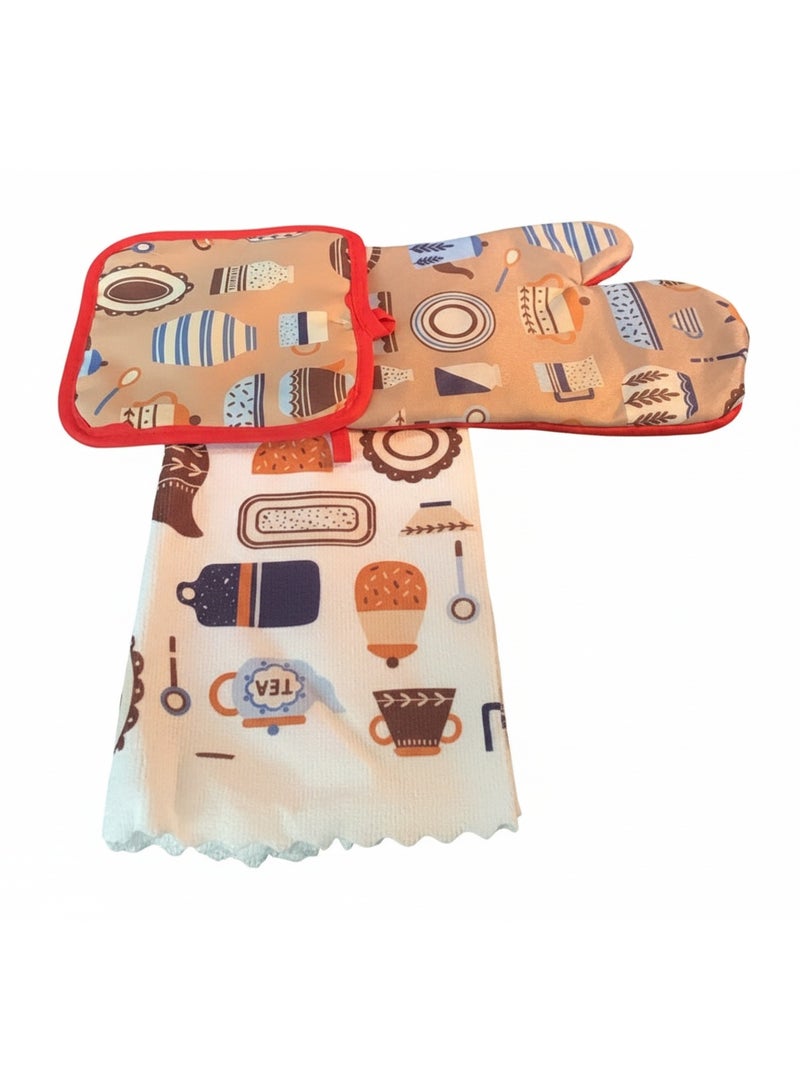 روملين طقم قفازات مطبخ معزولة مكون من 3 قطع، حامل أواني، منشفة يد، مقاوم للحرارة، مانع للانزلاق، تصميم مطبوع مع حلقة تعليق، قفاز فرن للطبخ والخبز والشواء