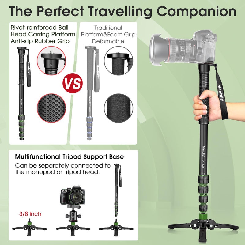 Manbily مانبيلي حامل كاميرا أحادي القوائم مع أرجل 5 أقسام 67 بوصة 170 سم قابل للتمديد محمول للسفر من الألمنيوم مع قاعدة حامل ثلاثي القوائم قابلة للإزالة لكاميرات DSLR كانون نيكون سوني كاميرا فيديو أقصى تحميل 15.5 رطل (A-222) - Image 2