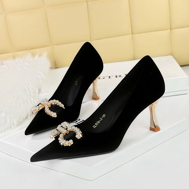 1818-K79 Banquet High Heels Korean Style Women'S Shoes Xishi Suede Shallow Mouth Pointed Toe Metal Pearl Rhinestone Buckle Flats - Image 4