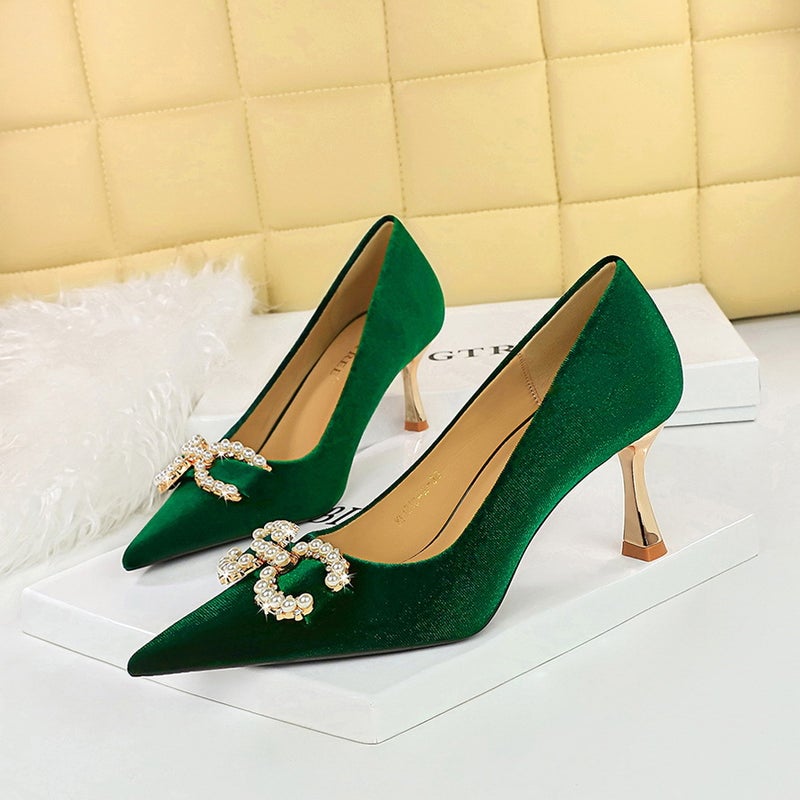 1818-K79 Banquet High Heels Korean Style Women'S Shoes Xishi Suede Shallow Mouth Pointed Toe Metal Pearl Rhinestone Buckle Flats - Image 2