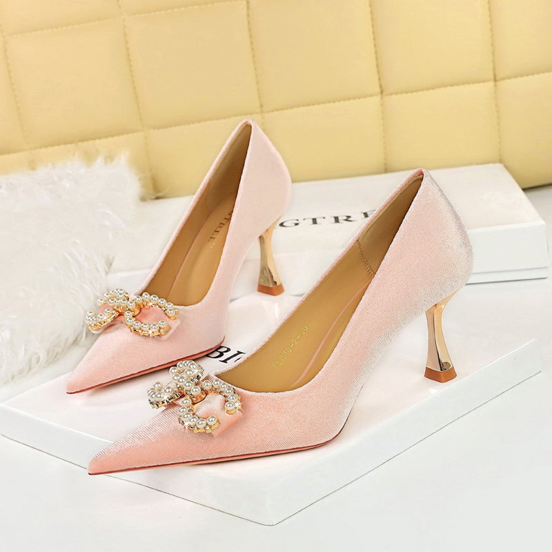 1818-K79 Banquet High Heels Korean Style Women'S Shoes Xishi Suede Shallow Mouth Pointed Toe Metal Pearl Rhinestone Buckle Flats - Image 5