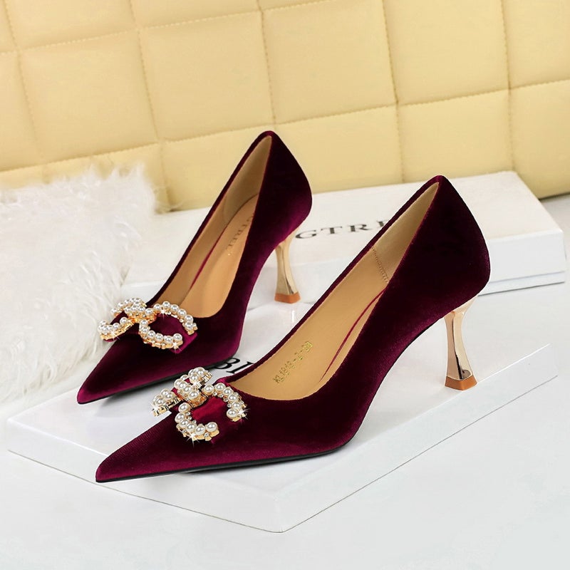 1818-K79 Banquet High Heels Korean Style Women'S Shoes Xishi Suede Shallow Mouth Pointed Toe Metal Pearl Rhinestone Buckle Flats - Image 3