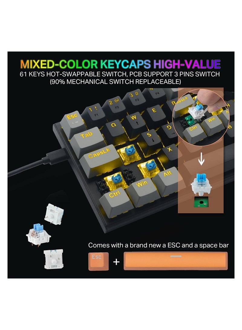 E-YOOSO Z-11 60% Mechanical Gaming Keyboard,Blue Switch 61 Keys Wired Compact Keyboard,Yellow Backlit and Metal Panel for Windows,Mac OS-Black Grey - Image 2