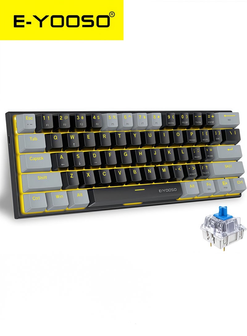 E-YOOSO Z-11 60% Mechanical Gaming Keyboard,Blue Switch 61 Keys Wired Compact Keyboard,Yellow Backlit and Metal Panel for Windows,Mac OS-Black Grey - Image 1