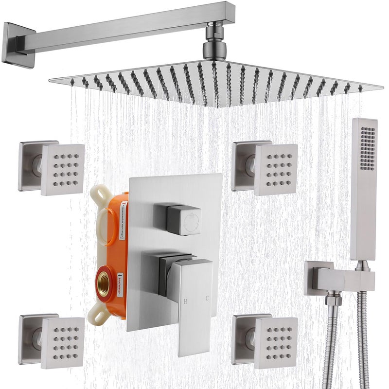 Enga Full Body Shower System with Body Sprays Jets 12 Inch Rain Shower Wall Mounted All Metal Multiple Shower Head System Contain Roughin Shower Valve Brushed Nickel