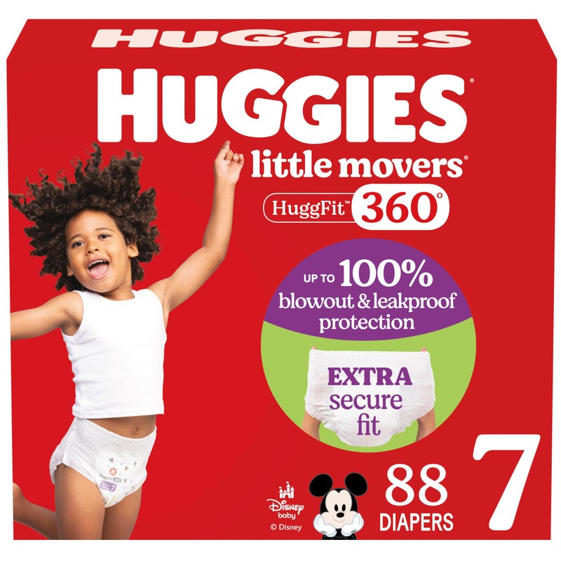 Huggies Size 7 Baby Diapers, Little Movers HuggFit 360Â° Baby Diapers with 360Â° Waistband, Size 7 (41+ lbs), 88 Count (2 Packs of 44), Packaging May Vary - Image 1