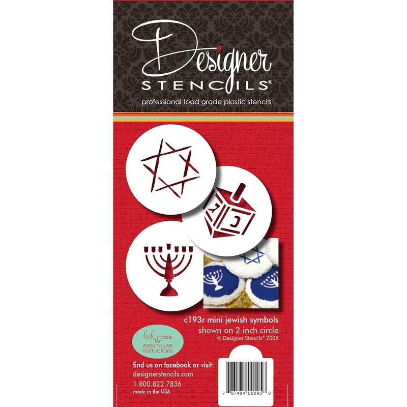 Designer Stencils C193 Jewish Symbols Cookie and Cupcake Stencils Small Dreidel Star of David Menorah Beigesemitransparent - Image 1