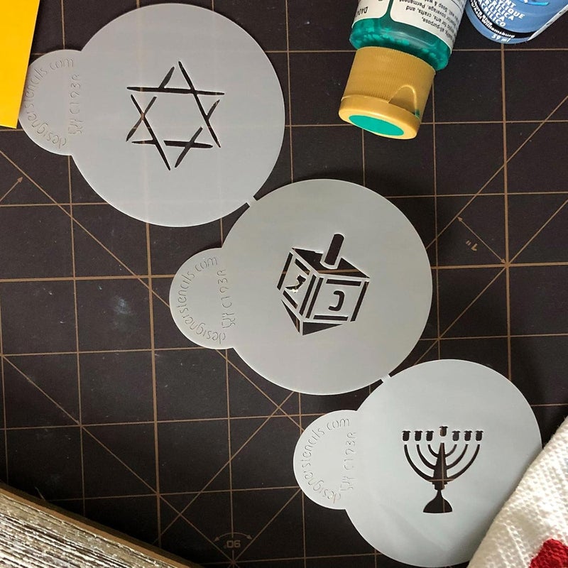 Designer Stencils C193 Jewish Symbols Cookie and Cupcake Stencils Small Dreidel Star of David Menorah Beigesemitransparent - Image 4