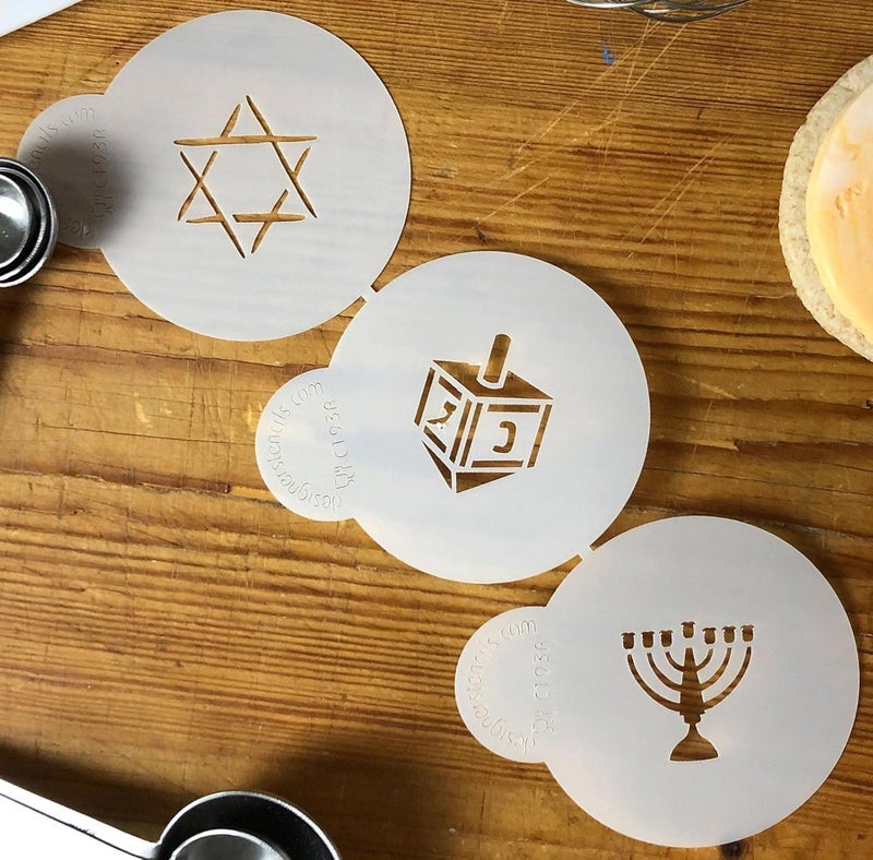 Designer Stencils C193 Jewish Symbols Cookie and Cupcake Stencils Small Dreidel Star of David Menorah Beigesemitransparent - Image 3