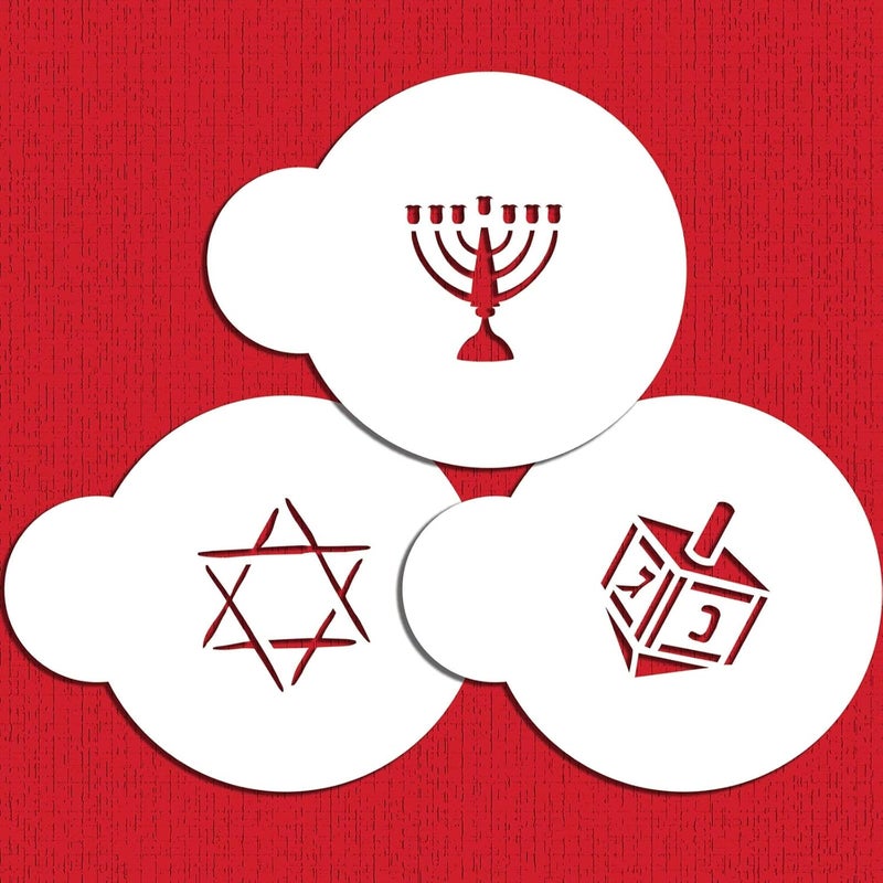 Designer Stencils C193 Jewish Symbols Cookie and Cupcake Stencils Small Dreidel Star of David Menorah Beigesemitransparent - Image 2