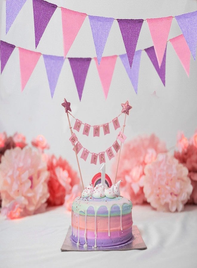 CROWNOS Purple Pink Pennant Banner Flags - 24pcs Prestrung Fabric Pink and Purple Birthday Party Decorations for Girls Women - Image 5