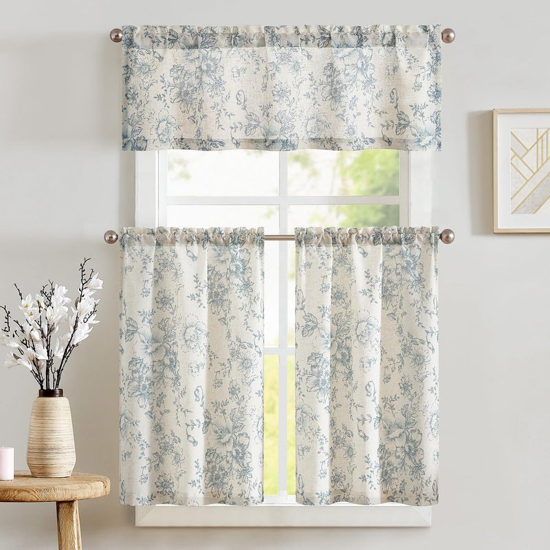 jinchan Floral Kitchen Curtains Set Linen Tier Curtains and Valance Farmhouse Drapes for Small Windows 36 Inch Length for Cafe Living Room Bathroom Rod Pocket 3 Pieces Set Blue on Linen - Image 1