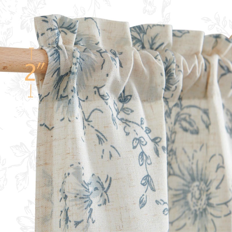 jinchan Floral Kitchen Curtains Set Linen Tier Curtains and Valance Farmhouse Drapes for Small Windows 36 Inch Length for Cafe Living Room Bathroom Rod Pocket 3 Pieces Set Blue on Linen - Image 4