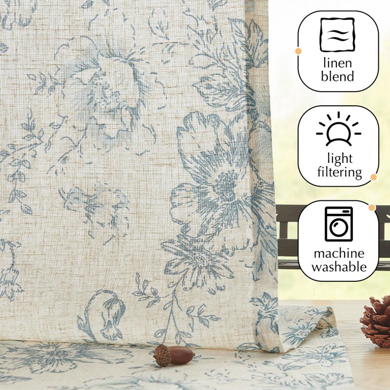 jinchan Floral Kitchen Curtains Set Linen Tier Curtains and Valance Farmhouse Drapes for Small Windows 36 Inch Length for Cafe Living Room Bathroom Rod Pocket 3 Pieces Set Blue on Linen - Image 2