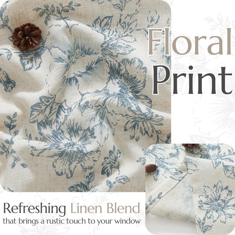 jinchan Floral Kitchen Curtains Set Linen Tier Curtains and Valance Farmhouse Drapes for Small Windows 36 Inch Length for Cafe Living Room Bathroom Rod Pocket 3 Pieces Set Blue on Linen - Image 3