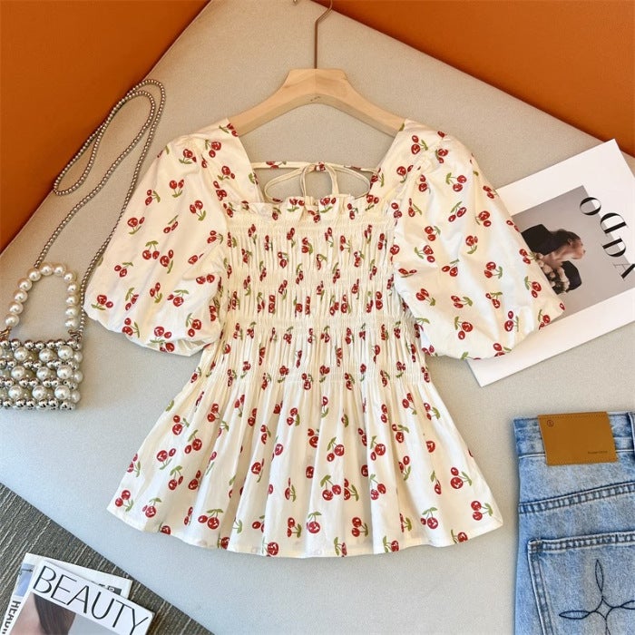 French Style Square Collar Puff Sleeve Ruffled Waist-Fitted Slimming Shirt 2024 Summer New Slimming Design Womens Blouse Cherry  - Image 1
