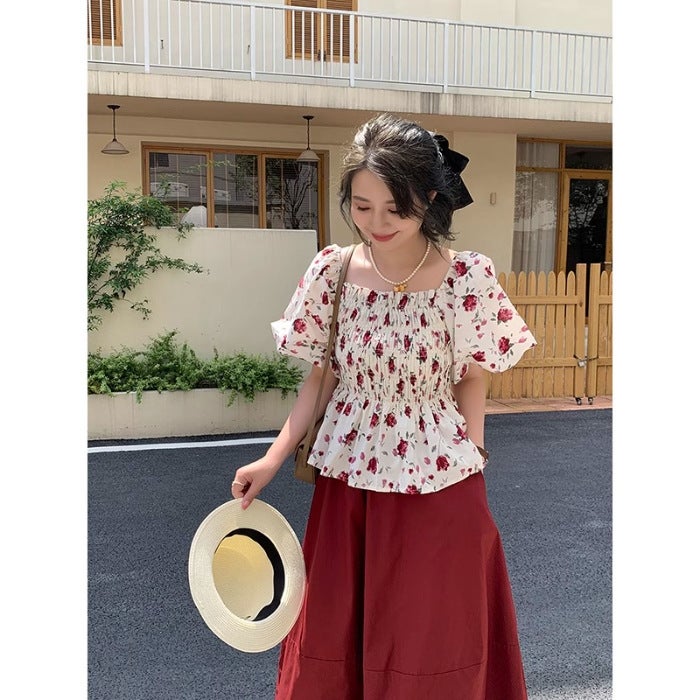 French Style Square Collar Puff Sleeve Ruffled Waist-Fitted Slimming Shirt 2024 Summer New Slimming Design Womens Blouse Cherry  - Image 2