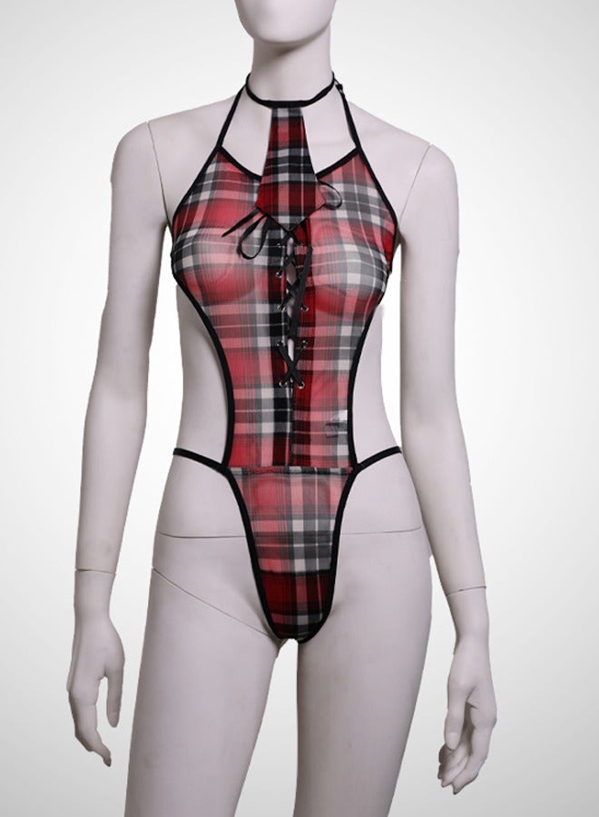 ovitio Red and Black Checkered One-Piece Lingerie Set - Image 1