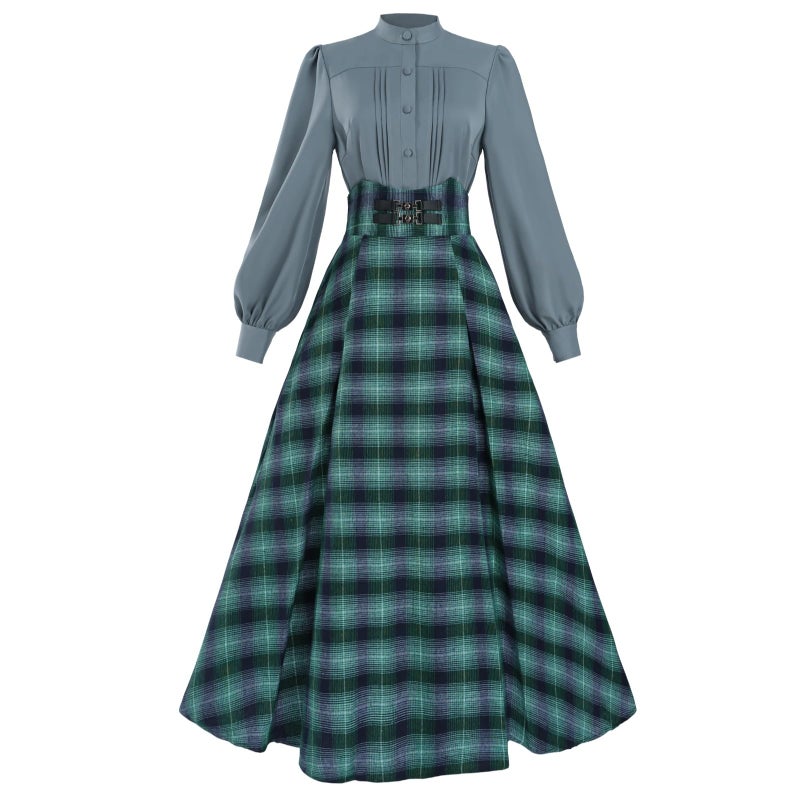 NSPSTT Vintage Dress for Women Medieval Renaissance Costume High WaistTartan Skirt Edwardian Blouse - Image 1