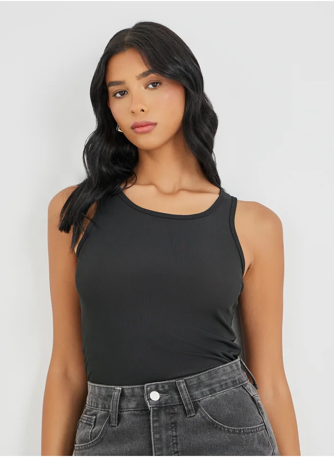 تايك تو Take Two Solid Ribbed Round Neck Cami Top