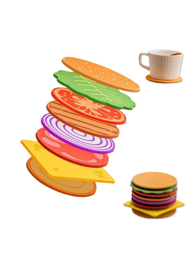 SOLARAE Hamburger Coasters Set of 8, Drink Coasters Set, Thickened PVC Table Coasters for Home Kitchen Decor, Waterproof Oilproof Cup Mat Cup Coasters for Table Protection, Suitable for Various Cups - Image 1