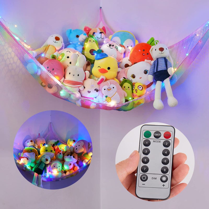 Basumee Stuffed Animals Net or Hammock with LED Light Hanging Toy Net Hammock for Stuffed Animals Storage Stuff Animals Hammocks for Nursery Kids Room with Remote Control 8 Kinds of LightsPack of 1