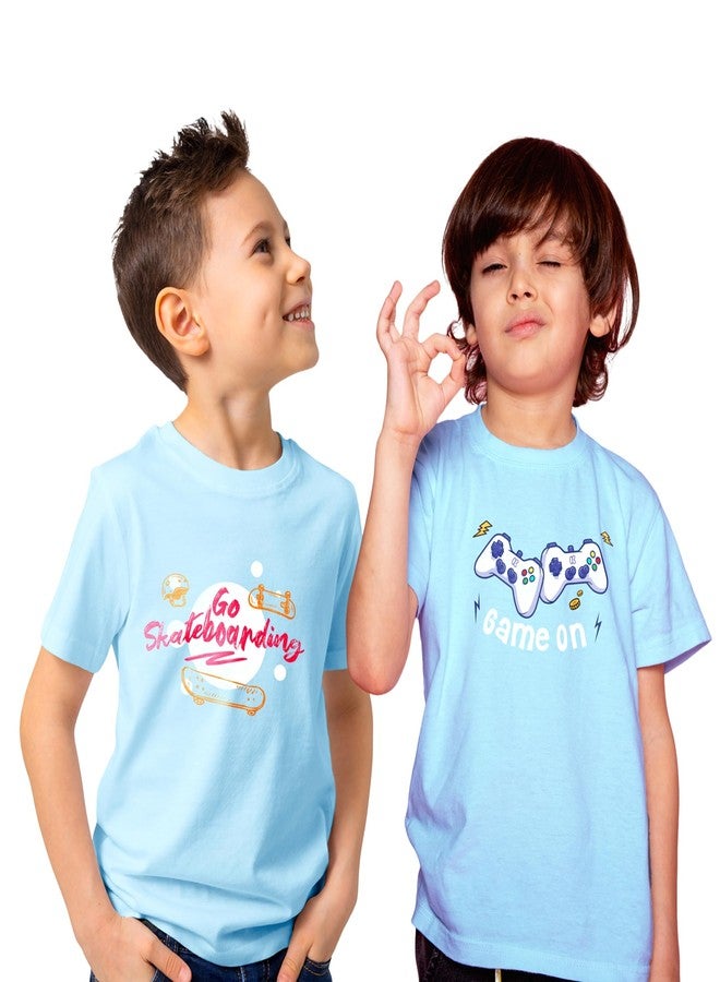 Kidbea Baby Boys Fancy 100% Bamboo & Cotton Fabric Printed Blue Color Half Sleeve T-Shirt (Pack of 2) | Game on & Skateboard 5-6Y - Image 1