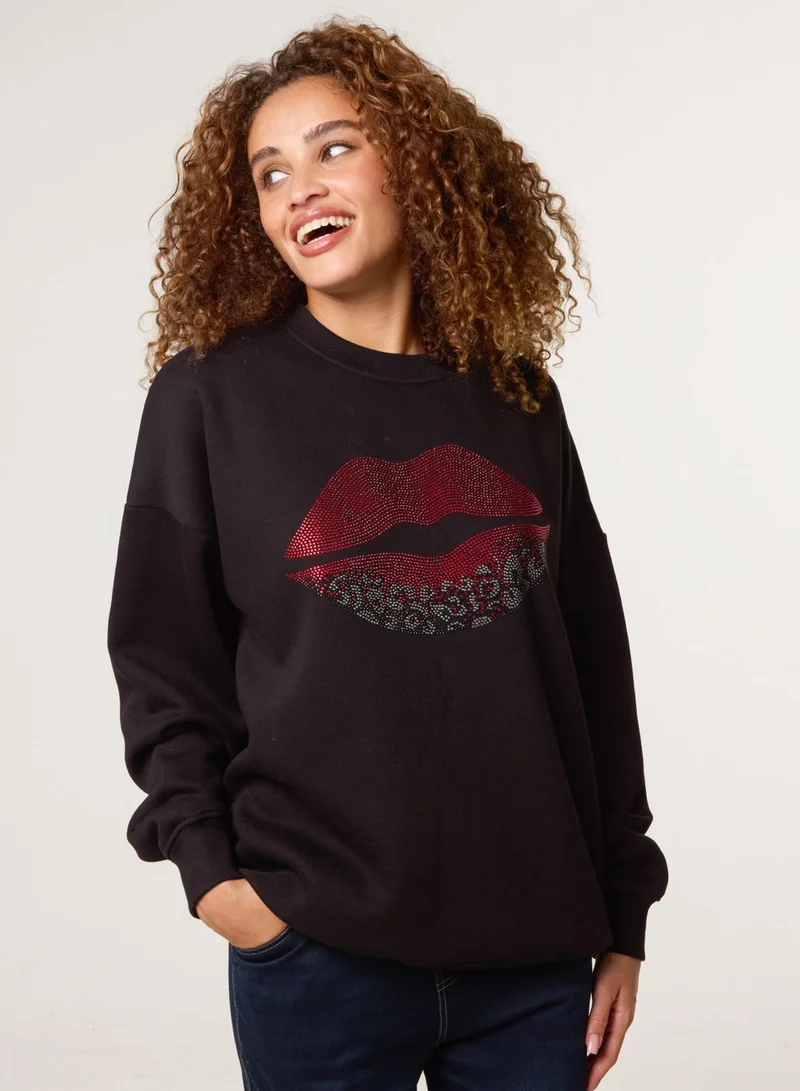 Blue Vanilla Rhinestone Lips Sweatshirt