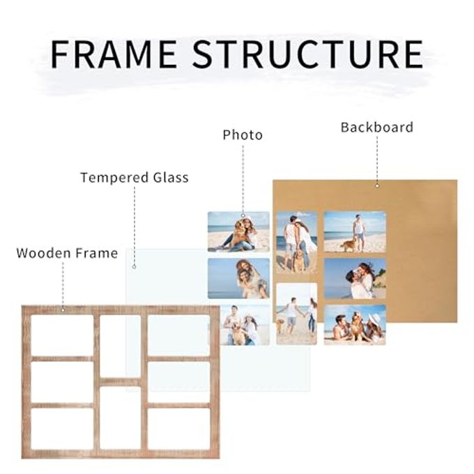 YESKAY 4x6 Collage Picture Frame 8 Opening 4 x 6 Photo Frames Display,Multiple Family Photo Collage Frames with Real Glass for Wall Decor,Rustic Brown 1 Pack(OD:13X17in) - Image 3