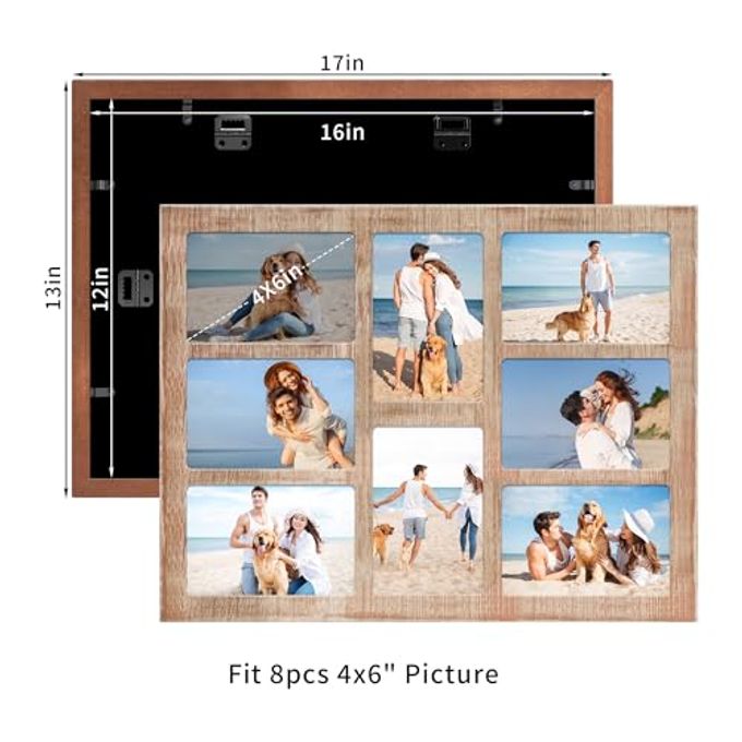 YESKAY 4x6 Collage Picture Frame 8 Opening 4 x 6 Photo Frames Display,Multiple Family Photo Collage Frames with Real Glass for Wall Decor,Rustic Brown 1 Pack(OD:13X17in) - Image 5