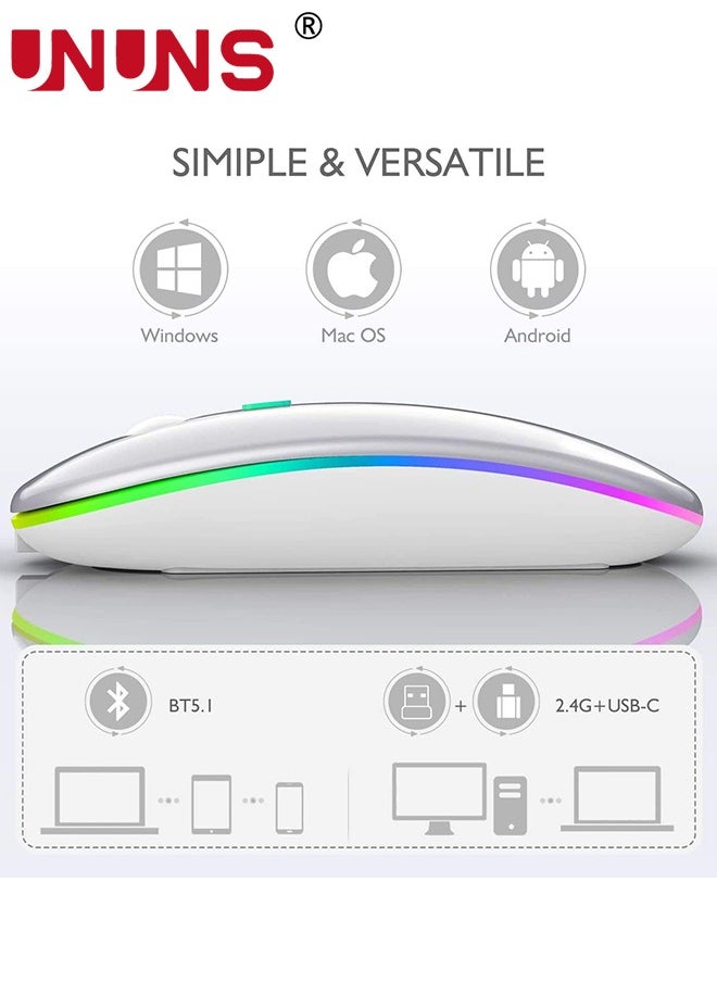 UNUNS LED Wireless Bluetooth Silent Mouse,Rechargeable USB Optical Mice,Slim Dual Mode BT5.2 And 2.4G Computer Mouse,Quick Precise Control Laptop/PC/Mac OS/Android/Windows,Silver  - Image 4