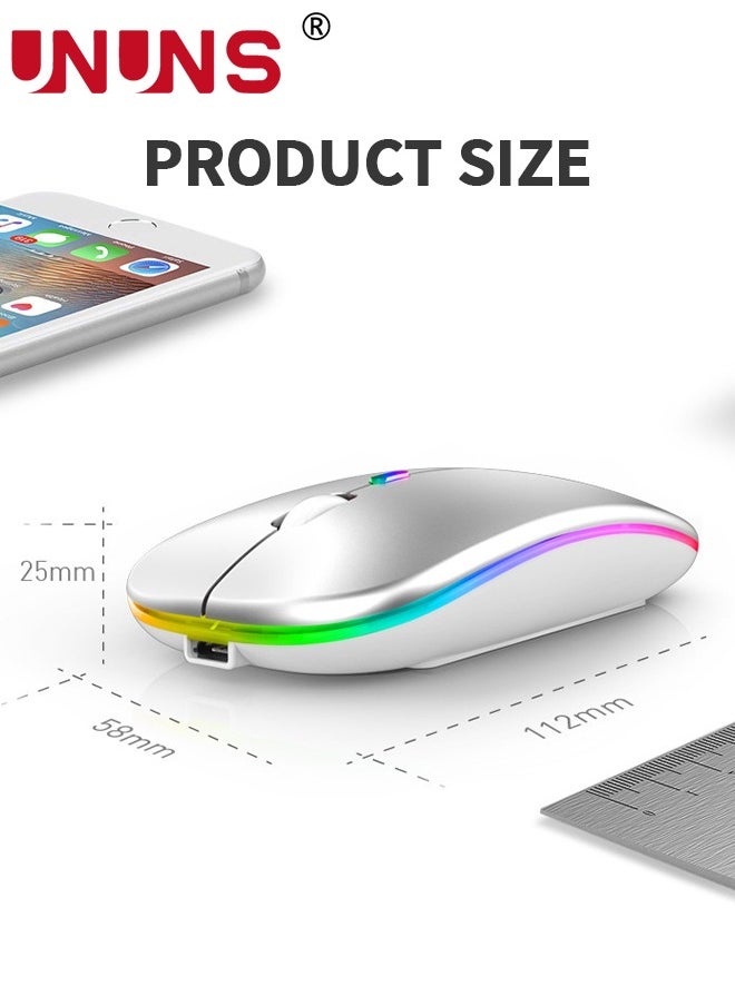 LED Wireless Bluetooth Silent Mouse,Rechargeable USB Optical Mice,Slim Dual Mode BT5.2 And 2.4G Computer Mouse,Quick Precise Control Laptop/PC/Mac OS/Android/Windows,Silver