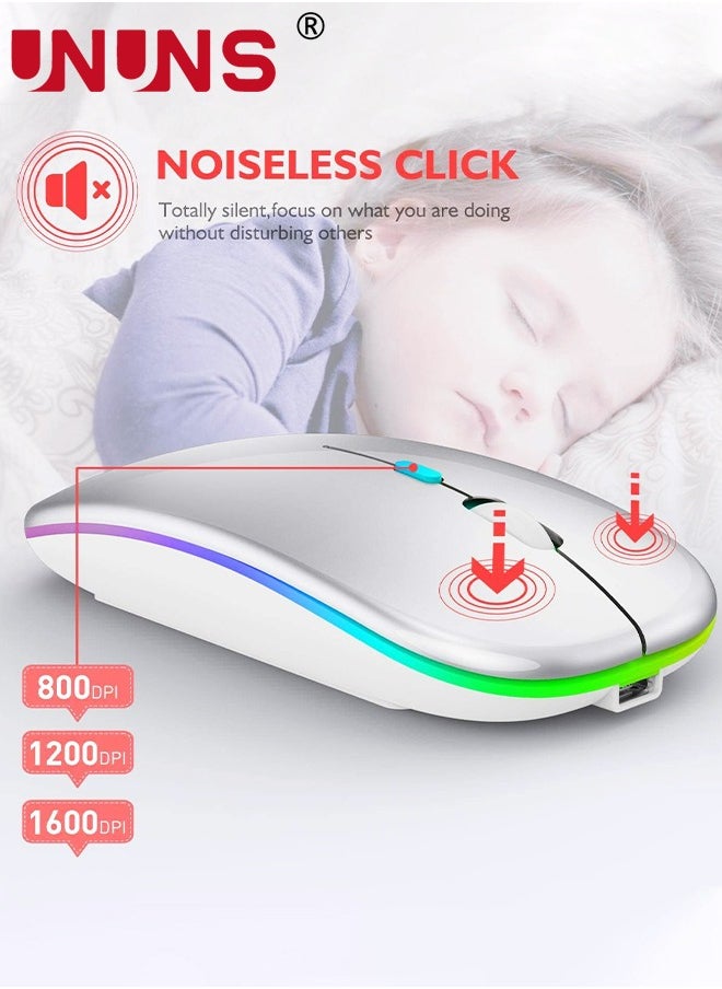 UNUNS LED Wireless Bluetooth Silent Mouse,Rechargeable USB Optical Mice,Slim Dual Mode BT5.2 And 2.4G Computer Mouse,Quick Precise Control Laptop/PC/Mac OS/Android/Windows,Silver  - Image 5