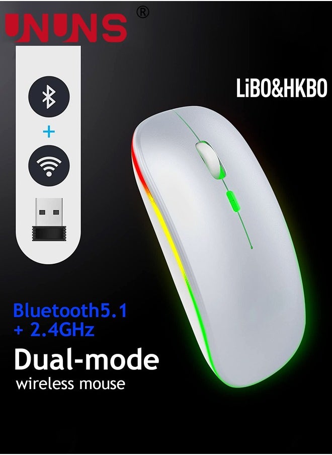 UNUNS LED Wireless Bluetooth Silent Mouse,Rechargeable USB Optical Mice,Slim Dual Mode BT5.2 And 2.4G Computer Mouse,Quick Precise Control Laptop/PC/Mac OS/Android/Windows,Silver  - Image 2
