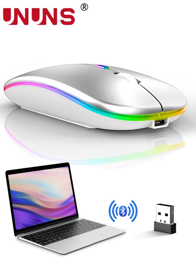 UNUNS LED Wireless Bluetooth Silent Mouse,Rechargeable USB Optical Mice,Slim Dual Mode BT5.2 And 2.4G Computer Mouse,Quick Precise Control Laptop/PC/Mac OS/Android/Windows,Silver  - Image 1