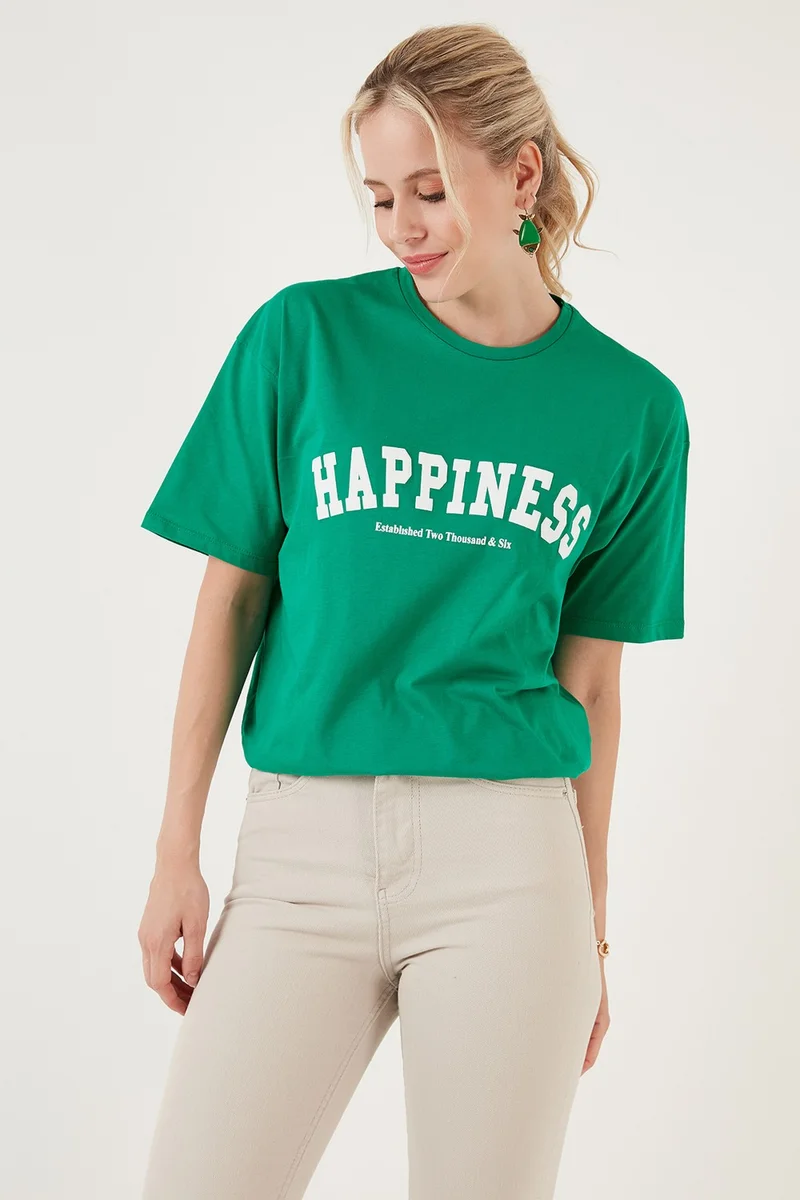 Lela Printed Cotton Oversize Crew Neck T Shirt Women's T Shirt 541HAPPINESS